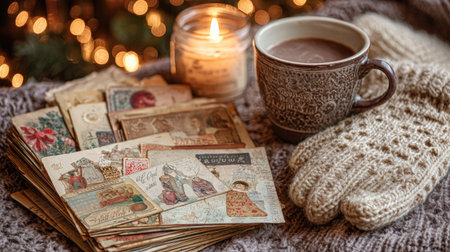 Cozy Christmas scene with a stack of vintage cards, a cup of cocoa, knitted gloves, and candlelight, evoking warm holiday memoriesの素材