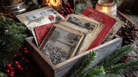Artistic photo of vintage Christmas cards displayed in an open wooden box with envelopes, pine sprigs, and nostalgic winter illustrationsの素材