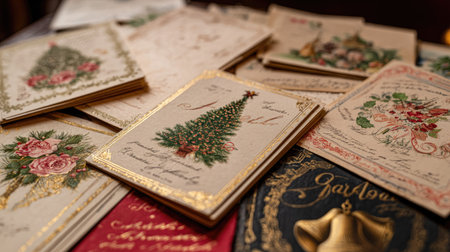 Assortment of vintage greeting cards with elegant cursive writing and retro illustrations of Christmas trees and bellsの素材
