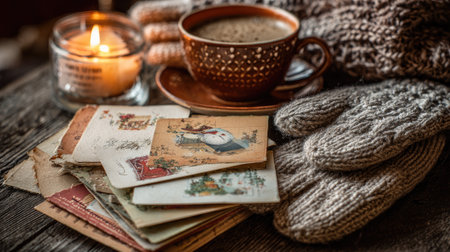 Cozy Christmas scene with a stack of vintage cards, a cup of cocoa, knitted gloves, and candlelight, evoking warm holiday memoriesの素材