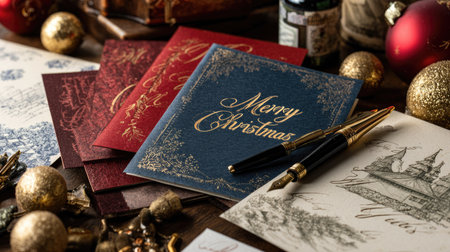 Old-fashioned Merry Christmas greeting cards arranged beside vintage fountain pens, old letters, and golden ornamentsの素材