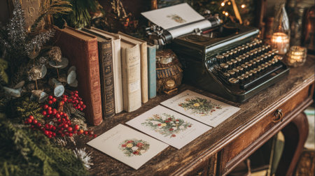 Elegant set of antique Christmas cards displayed beside a typewriter, old books, and cozy lighting for a vintage holiday aestheticの素材