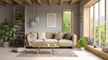 Cozy yet stylish living room interior with beige sofa, natural wood decor, bright walls, and airy modern apartment ambiance, wide-angle compositionの素材