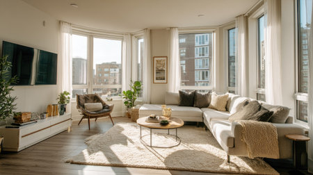Wide-angle shot of a modern living room filled with sunlight, neutral furnishings, cozy textures, and elegant minimalist design for apartment lifestyleの素材