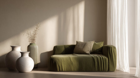 Minimal living room setup with a moss green couch, ceramic vases, soft beige walls, and sunlight streaming through sheer curtainsの素材