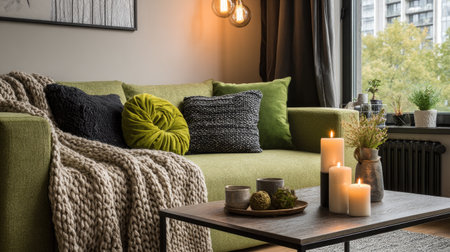 Cozy modern apartment living room with a green fabric couch, knitted throw blanket, coffee table, and candles on display. Inviting ambianceの素材