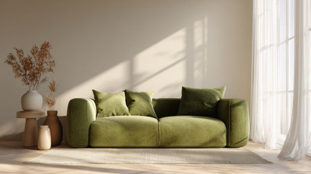 Minimal living room setup with a moss green couch, ceramic vases, soft beige walls, and sunlight streaming through sheer curtainsの素材