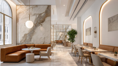 Elegant co-working space with minimalist furniture, marble accents, and warm lighting that creates a refined professional atmosphereの素材