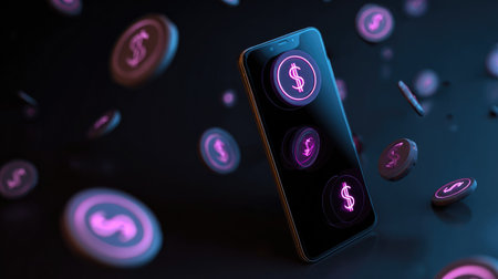Digital wallet app on smartphone showing cashback received, glowing dollar symbols and floating coins, concept of financial rewardの素材