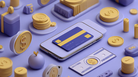 3D illustration of smartphone and credit card surrounded by cashback icons and dollar symbols, concept of online reward serviceの素材