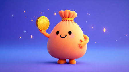 Smiling 3D cartoon money bag holding a golden coin in its hand, colorful design illustrating investment success and economic growthの素材