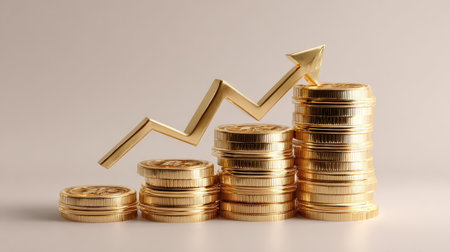 3D cartoon gold coins stacked high with a bold upward arrow, illustrating economic success, smart savings, and profitable investmentsの素材