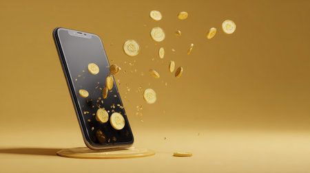 3D illustration of smartphone displaying cashback notification with gold coins flying out of the screen, symbolizing online rewards and savingsの素材