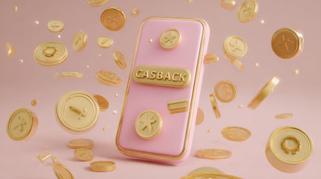3D illustration of phone screen displaying cashback transaction success, surrounded by gold coins and reward iconsの素材