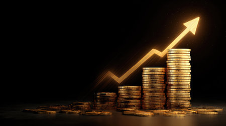Stack of golden dollar coins and glowing upward arrow in 3D, symbolizing success in investment and long-term savings conceptの素材