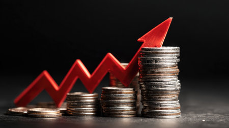 Stack of shiny dollar coins with a bold arrow pointing up, symbolizing economic growth, profit increase, and smart investment strategyの素材