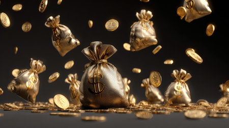 3D render of floating money bags and gold coins, dynamic composition representing cash flow and financial growth, glossy surfacesの素材