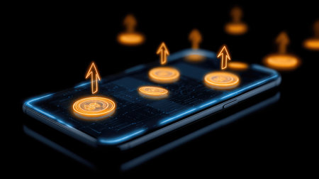Mobile cashback service concept with digital wallet app, floating coin icons, and glowing arrows indicating money returnの素材