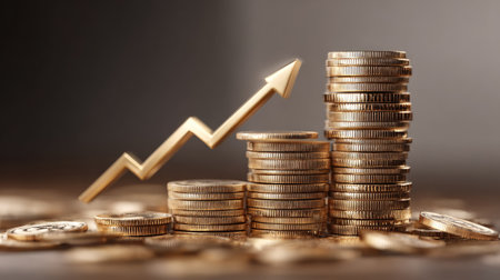 Golden dollar coins stacked high with an upward arrow rising above, representing savings growth, wealth accumulation, and financial progressの素材