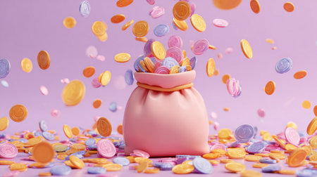 Colorful 3D render of money bag overflowing with coins, cheerful cartoon style, concept of investment and wealth accumulationの素材