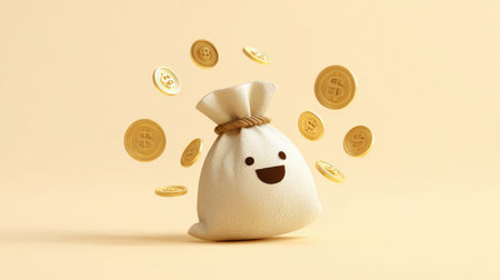 Fun 3D cartoon illustration of a smiling money bag with dollar coins orbiting around, concept of financial stability, minimal pastel backgroundの素材