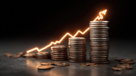 3D design of dollar coin stacks with a glowing arrow rising up, representing investment progress and financial achievementの素材