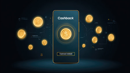 Mobile payment app interface with dollar coin symbols and "Cashback Added" banner, concept of saving and digital financeの素材