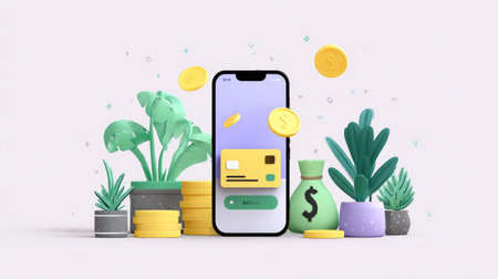 Illustration of digital cashback app interface with money transfer animation, concept of financial rewards and e-commerceの素材