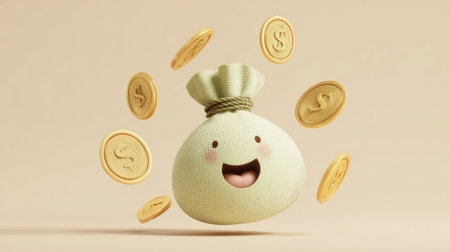 Fun 3D cartoon illustration of a smiling money bag with dollar coins orbiting around, concept of financial stability, minimal pastel backgroundの素材