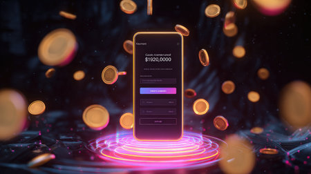 Online payment success screen showing cashback amount earned, surrounded by glowing coins and abstract digital backgroundの素材