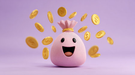 Fun 3D cartoon illustration of a smiling money bag with dollar coins orbiting around, concept of financial stability, minimal pastel backgroundの素材