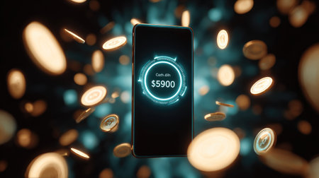 Online payment success screen showing cashback amount earned, surrounded by glowing coins and abstract digital backgroundの素材