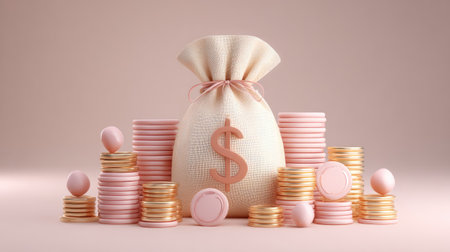 Cute 3D coin stacks arranged around a tied cloth money bag with dollar sign, soft shadows, pastel background, saving money conceptの素材