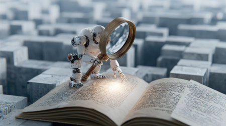 Artificial intelligence robot conducting document analysis, using magnifying glass under soft lighting, futuristic maze of ideas in backgroundの素材