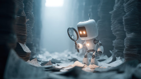 Artificial intelligence robot conducting document analysis, using magnifying glass under soft lighting, futuristic maze of ideas in backgroundの素材