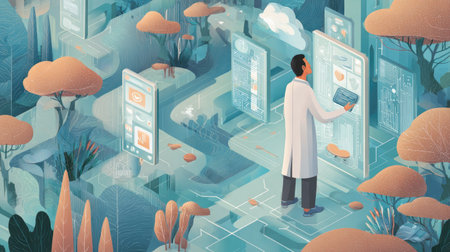 Modern online health system illustration, physician accessing patient data remotely through digital network, futuristic hospital environmentの素材