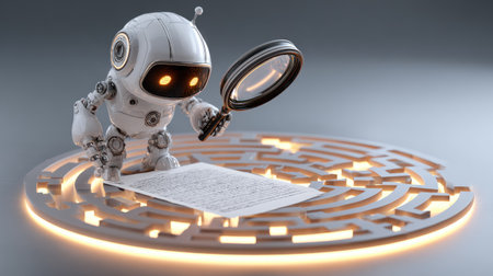 Futuristic AI robot holding a magnifying glass, examining a signed document beside a glowing lightbulb maze, symbolizing innovation, research, and technology insightの素材