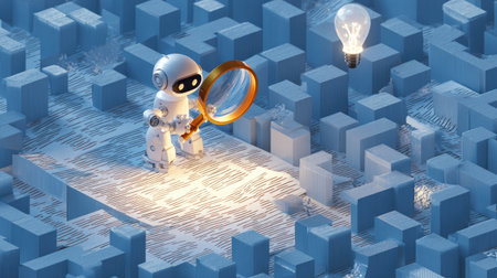 Data analysis and AI research concept, robot examining paperwork closely, maze and lightbulb representing creative intelligence and automationの素材