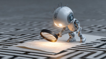 Artificial intelligence robot inspecting a contract with magnifying glass, glowing lightbulb maze in the background representing creativity and data-driven discoveryの素材
