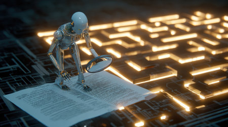 Robotic figure investigating details of a document with magnifying glass, surrounded by futuristic circuits and illuminated lightbulb mazeの素材