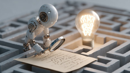 Robotic innovation scene, AI robot with magnifying glass studying signed paper, creative maze with lightbulb representing deep learning and technology insightの素材