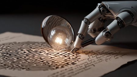 Concept of AI research and data analysis, robotic hand holding magnifying glass near signed agreement and illuminated lightbulb mazeの素材