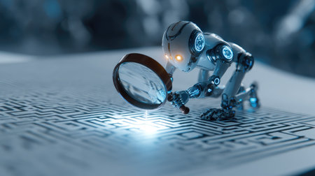 Concept of AI-powered data inspection, futuristic robot using magnifying glass near signed contract, glowing maze and bulb in soft blue lightの素材