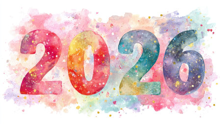Artistic watercolor-style illustration of 2026 with soft brush strokes, pastel colors, and subtle sparkles for a creative festive greetingの素材