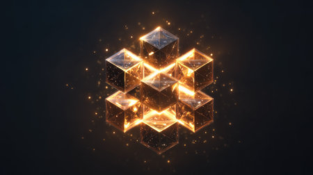 Abstract 2026 logo built from geometric shapes, metallic lines, and glowing effects to represent innovation and futuristic designの素材