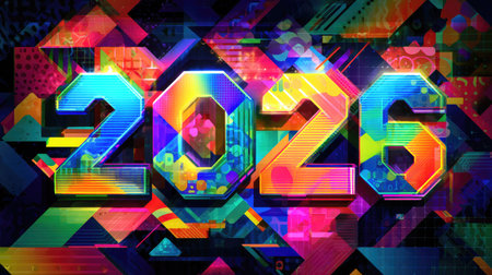 Vibrant 2026 New Year design with colorful geometric shapes, glowing typography, and digital art effects representing creativity and optimismの素材