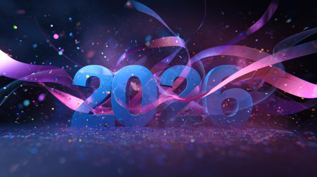 Abstract 2026 celebration scene with 3D typography, flowing ribbons, and glowing effects symbolizing creativity and hope for the new yearの素材