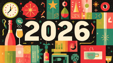 Graphic design featuring 2026 surrounded by festive icons--champagne, stars, clocks, and ribbons--in a dynamic colorful layoutの素材