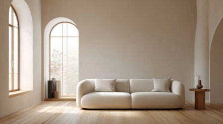 Minimalist contemporary living room with sleek modern sofa, arched window letting in soft daylight, wooden floor, and neutral beige tones for a calm and airy atmosphereの素材