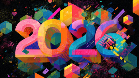 Vibrant 2026 New Year design with colorful geometric shapes, glowing typography, and digital art effects representing creativity and optimismの素材